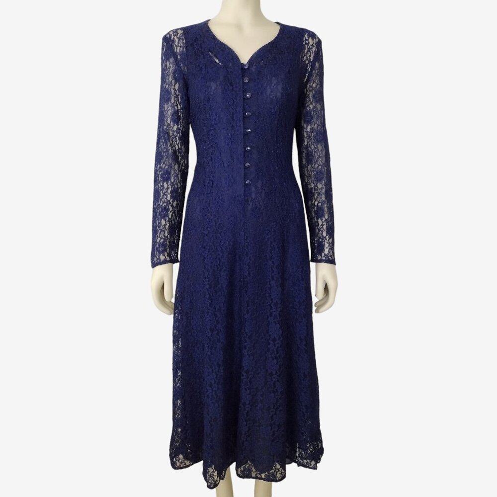Vintage 90s Blue Floral Lace Long Sleeve Lace Up Back Midi A Line Dress